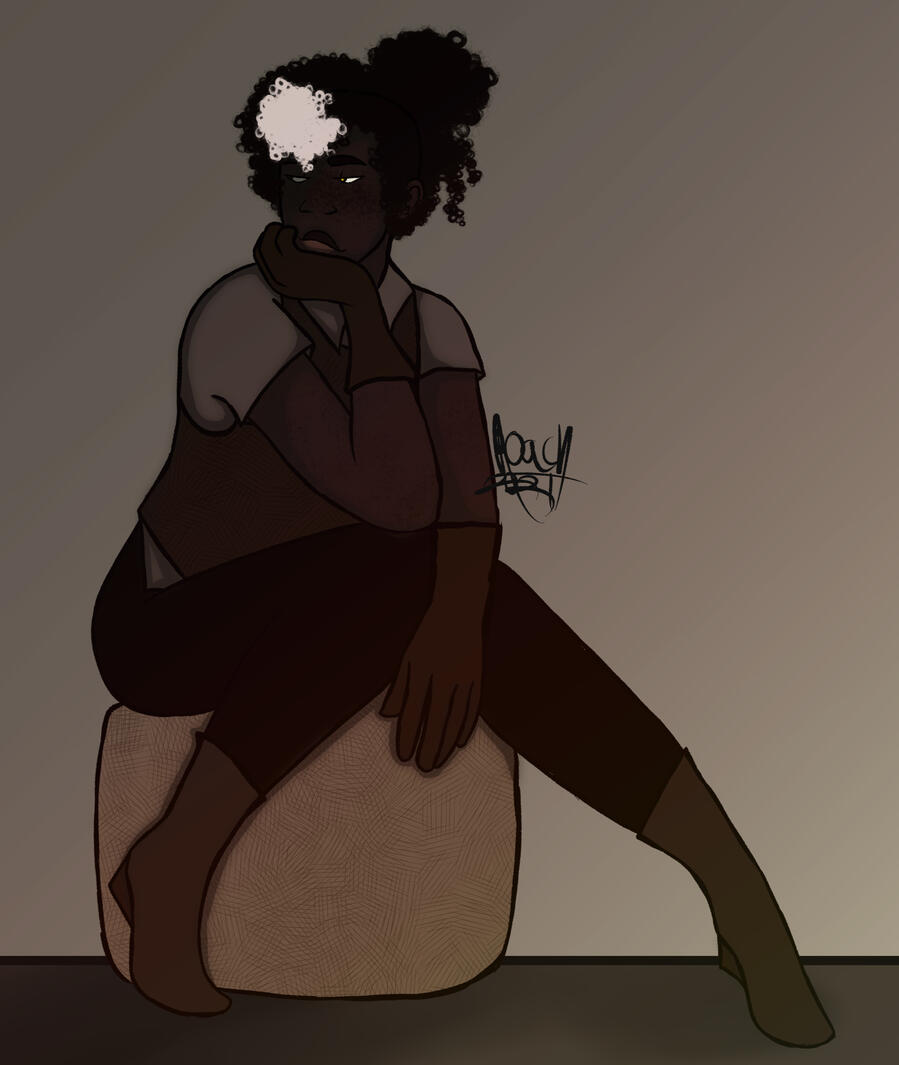 full body drawing of Mi-jeong sitting on a stool; she's a dark-skinned black woman with black curly hair in a ponytail. She's wearing a vest, a button-up shirt, and black pants.