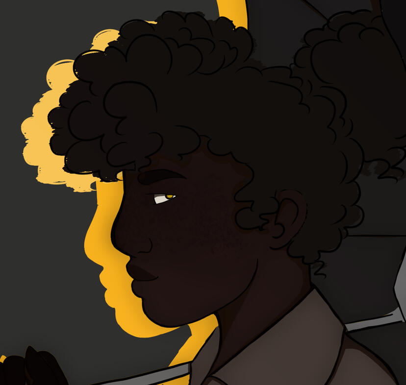 bust of Mi-jeong; she's a dark skinned woman with black hair in a ponytail. She's in profile view and facing the camera while smiling.