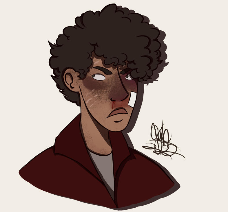 bust of Sylas; they're a tan-skinned person with short, curly brown hair. They're wearing an unbuttoned red shirt with an offwhite undershirt.